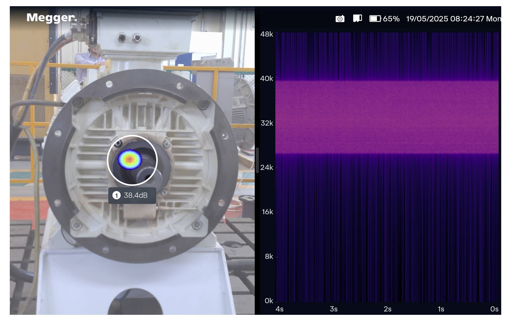 An electric motor is shown with a sound intensity reading of 38.44 dB. A corresponding sound profile graph on the right displays frequency data.