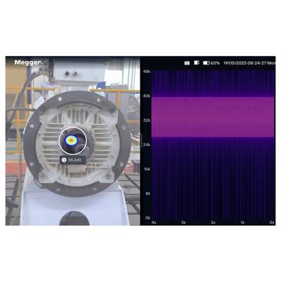An electric motor is shown with a sound intensity reading of 38.44 dB. A corresponding sound profile graph on the right displays frequency data.