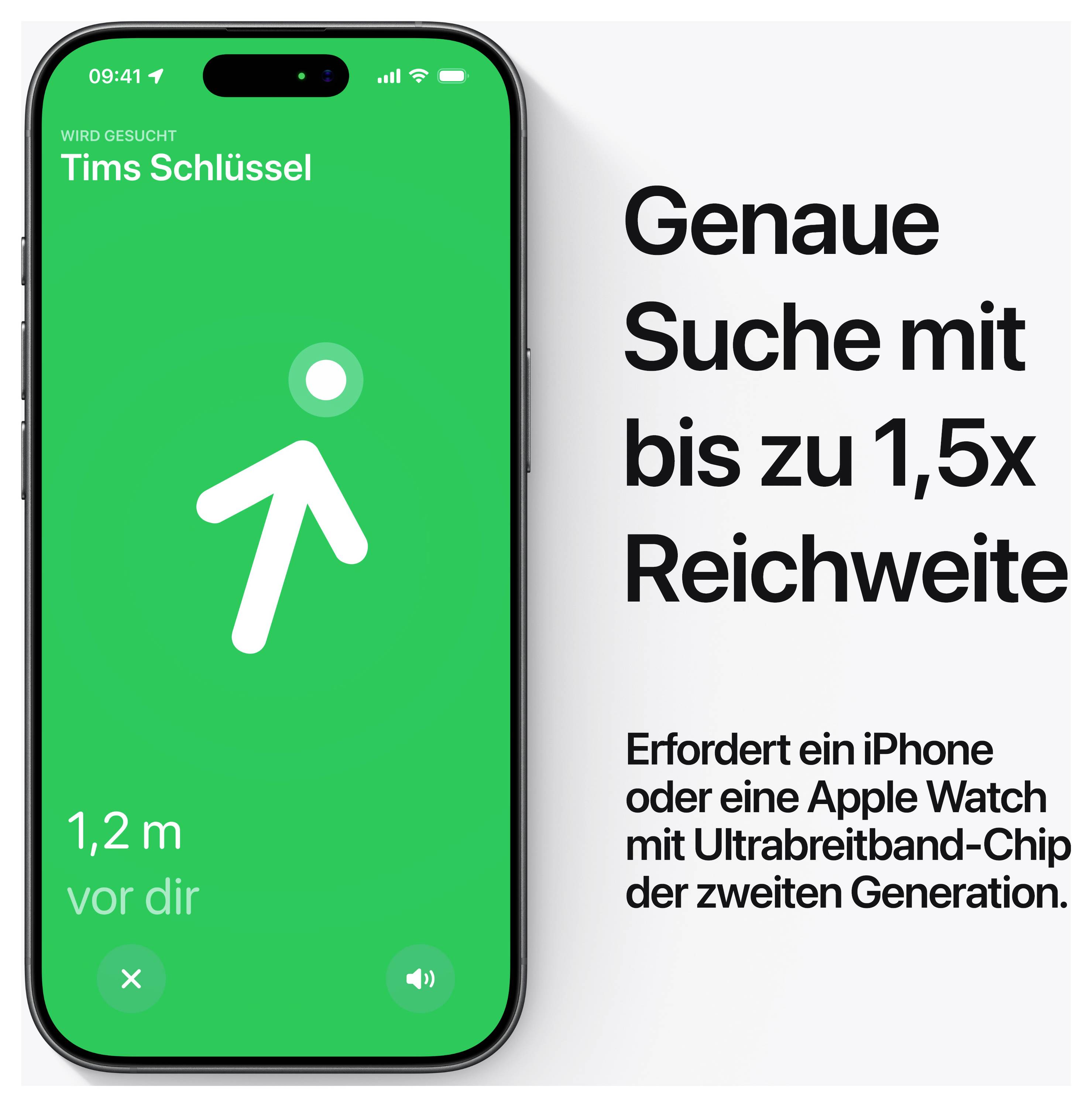 A smartphone screen shows a green background with a location symbol. Text reads 'Tims Schlüssel'. Right text in German promotes precise search capability and requirements for extended range.
