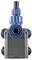 Blue and gray plumbing valve or filter unit shown front view on a white background, with central circular opening and side connectors.