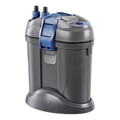 Grey Oase aquarium filter canister with blue latches and hose connections on a white background.