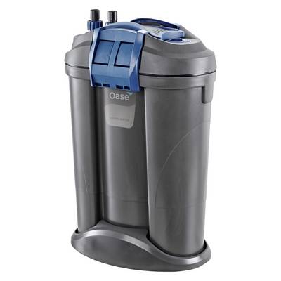 Gray Oase external aquarium filter with blue lid and handles, shown front view on a white background.