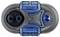 Top view of a blue-and-gray pool cleaner or filter device with two hose ports, centered on a white background.