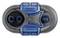Front view of a gray and blue dual-port connector or adapter with two circular sockets on the left and a round dial-like component on the right.<br>
