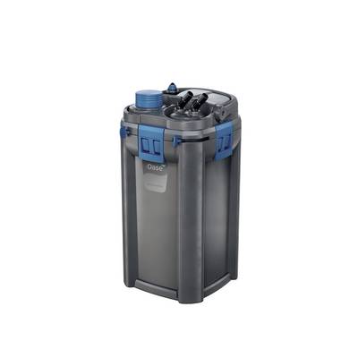 Gray and blue cylindrical aquarium filter canister with hoses and lid fittings on a white background.