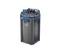 Gray and blue cylindrical aquarium filter canister with hoses and lid fittings on a white background.