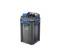 Gray and blue canister-style aquarium filter with hoses and latches on a white background.