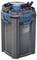 Gray and blue Oase external aquarium filter canister with hoses and lid fittings, shown on a white background.