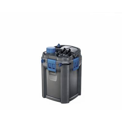 Portable aquarium canister filter with blue latches, hoses, and a black-gray housing on a white background.