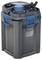 Gray and blue Oase 'Living Water' canister aquarium filter with latches, hoses, and top priming cap on a white background