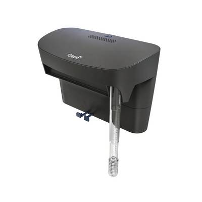 Black Oase pond filter unit with curved top, outlet port, and clear intake tube extending downward.