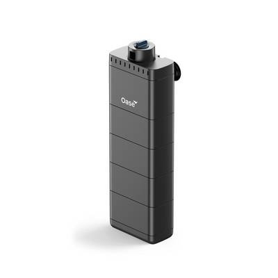 Black Oase rectangular aquarium filter or pump with top control knob and side outlet, shown isolated on a white background.