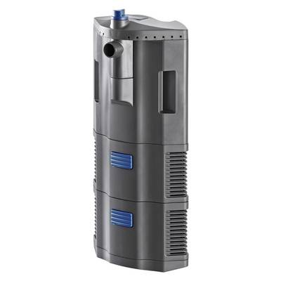 Tall black cylindrical water filtration unit with top inlet and side vents, shown isolated on a white background.