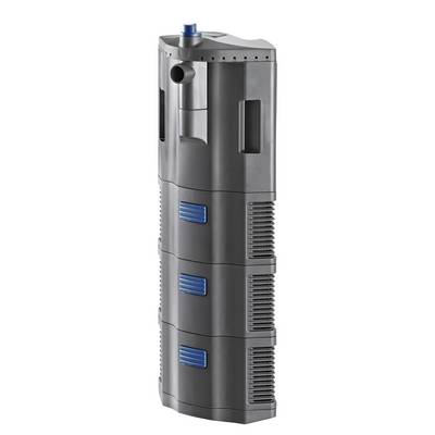 Tall black aquarium filter canister with blue vented panels and top outlet, shown on a white background