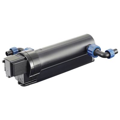 Black cylindrical industrial device with blue hose connectors and a vented end cap, shown on a white background.