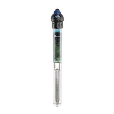 Oase aquarium heater shown in packaging, a long black cylindrical heater with blue dial at the top and metal heating element at the bottom.