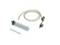 Medical tubing kit with a clear reservoir chamber, coiled hose, black clamp valve, and a small blue tube on a white background.