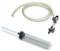 Clear plastic medical tube with a clamp and connector attached to a syringe-like collection chamber on a white background.