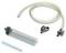 Medical tubing set with clear flexible hose, small connector clip, syringe-like chamber, and blue catheter tube on white background
