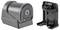 Black desktop device shown from the front and side with the front cover open, revealing an internal compartment and mounting base.