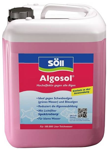 Pink Söll Algosol algae treatment container with handle and black cap, labeled for easy use against algae in ponds and water.<br>