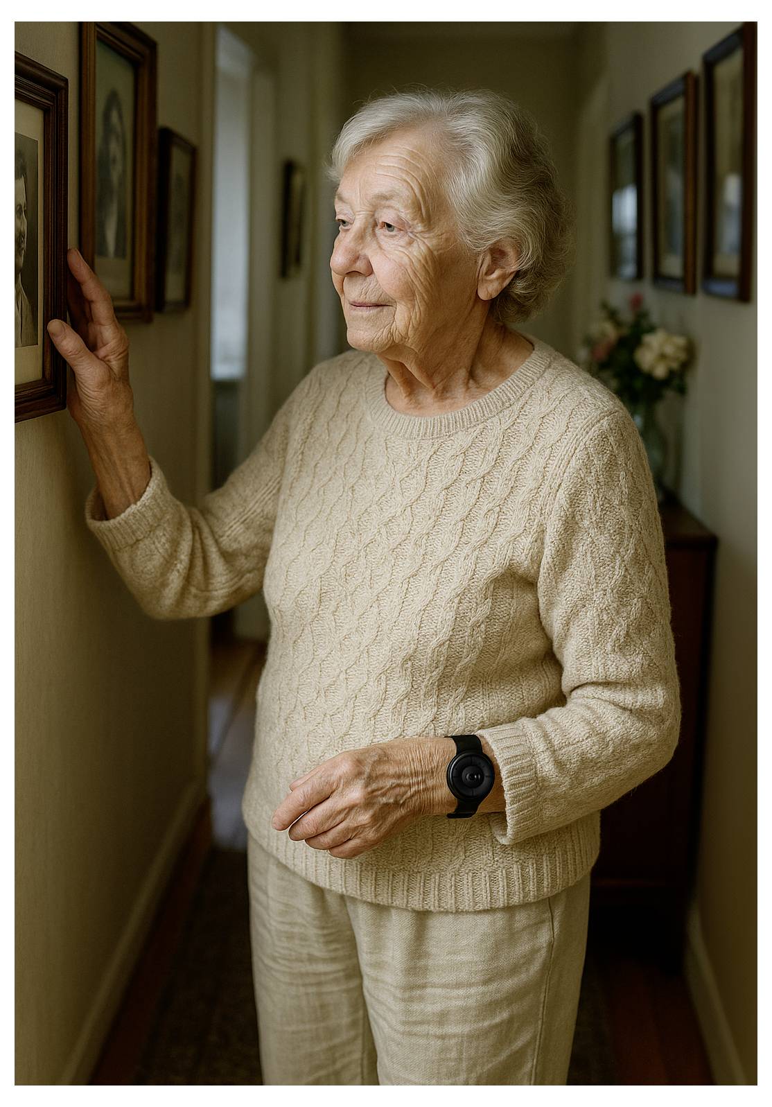 An elderly person with short gray hair stands in a hallway, looking at framed photos on the wall, wearing a beige sweater and pants.