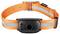 An orange reflective dog collar with a black electronic device attached, featuring a buckle closure and adjustable strap for size.