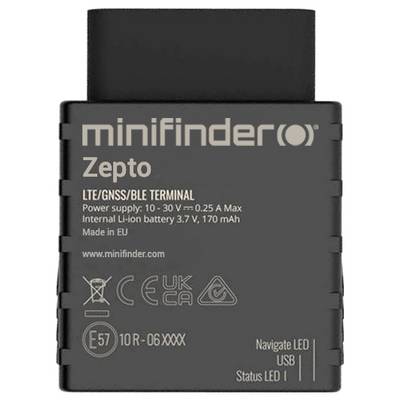 A compact black device labeled 'minifinder Zepto' with specifications: LTE/GNSS/BLE terminal, power supply 10-30V, 0.25A max, internal battery 3.7V, 170mAh.