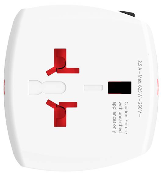 A white two-prong plug adapter with two red sockets, labeled '2.5 A Max 625 W - 250 V'. Text reads 'Caution: For use with unearthed appliances only'.