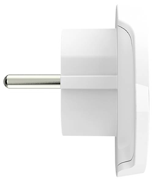 A white European electrical plug adapter viewed from the side, showing a metallic prong and minimal design, used for power conversion.