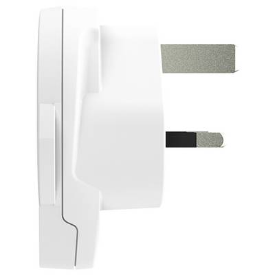 A close-up side view of a white electrical plug with two flat pins, suitable for use in outlets.