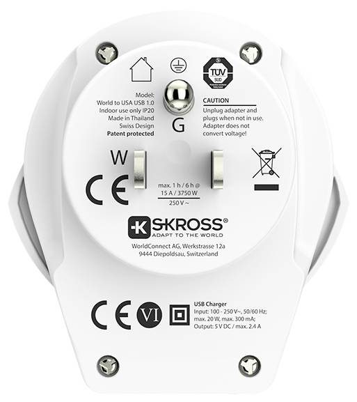 The image shows the bottom view of a white universal power plug adapter by SKROSS, detailing specifications and safety symbols.