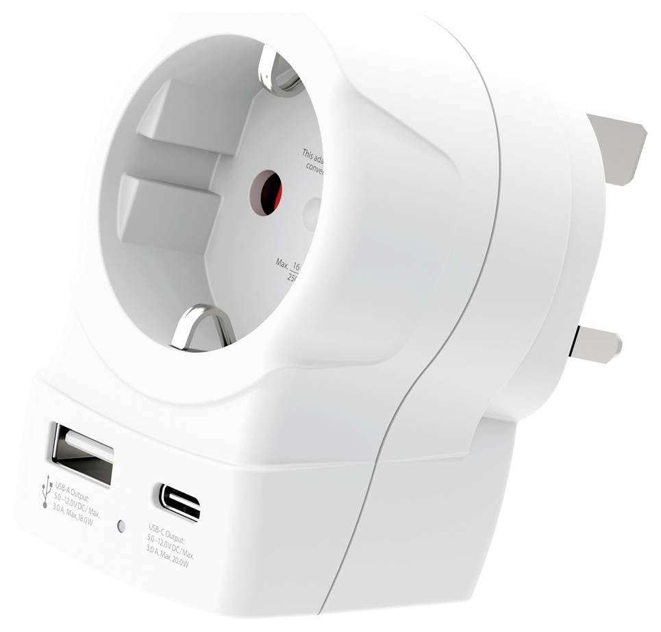 'White travel adapter with multiple plug configurations, USB-A, and USB-C ports, designed for international use.'