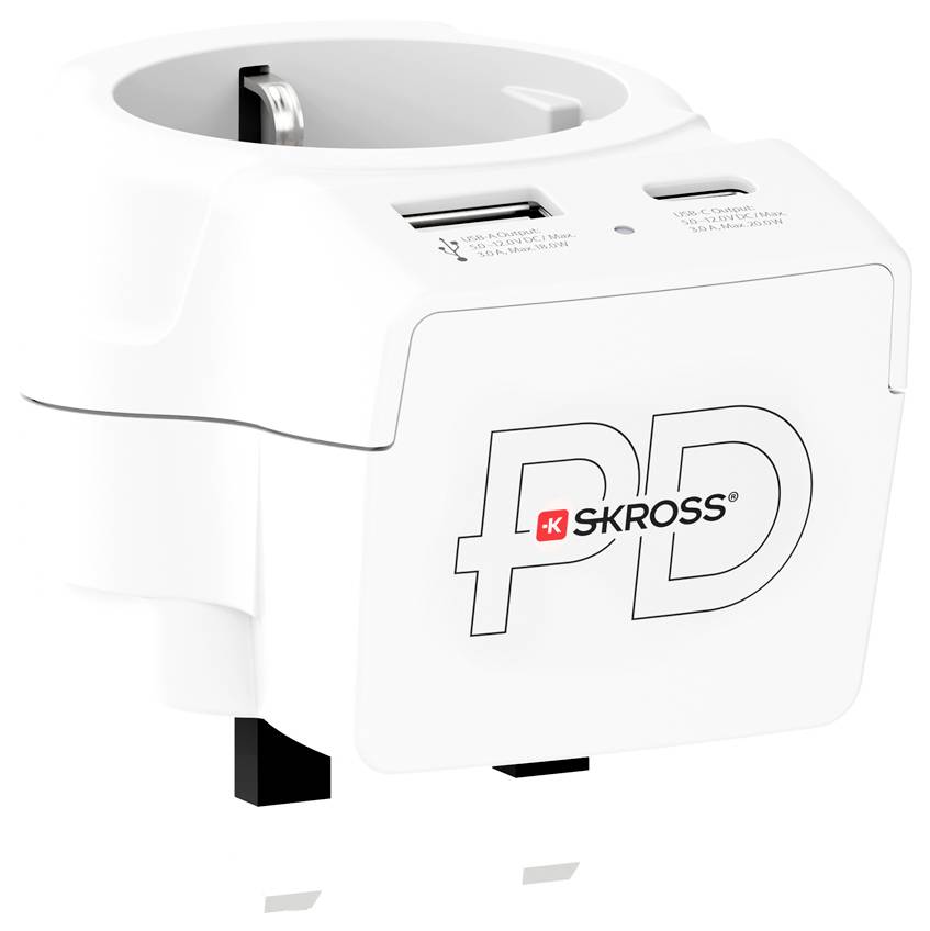 A white universal travel adapter featuring a USB-C and a USB port, branded with 'Skross PD' for charging electronic devices internationally.
