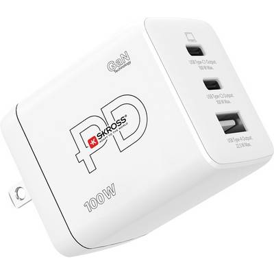 A white USB wall charger with three ports, labeled 'GaN Technology' and '100W', branded with a red cross logo and 'SKROSS PD'.