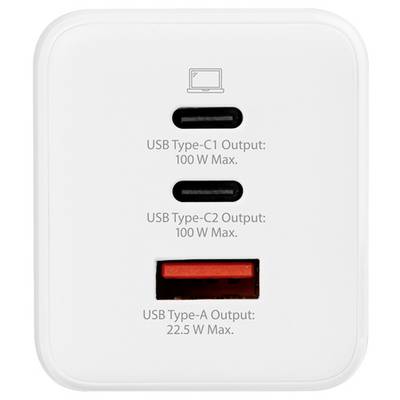 A white power adapter with two USB Type-C ports labeled '100 W Max' and one USB Type-A port labeled '22.5 W Max'.