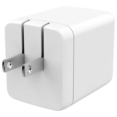 A white smartphone charger with a two-prong plug, facing forward, used to connect devices to an electrical outlet for charging.