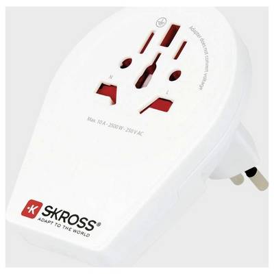Universal travel adapter with multiple plug options. Marked 'SKROSS', accommodates diverse socket types for global use.