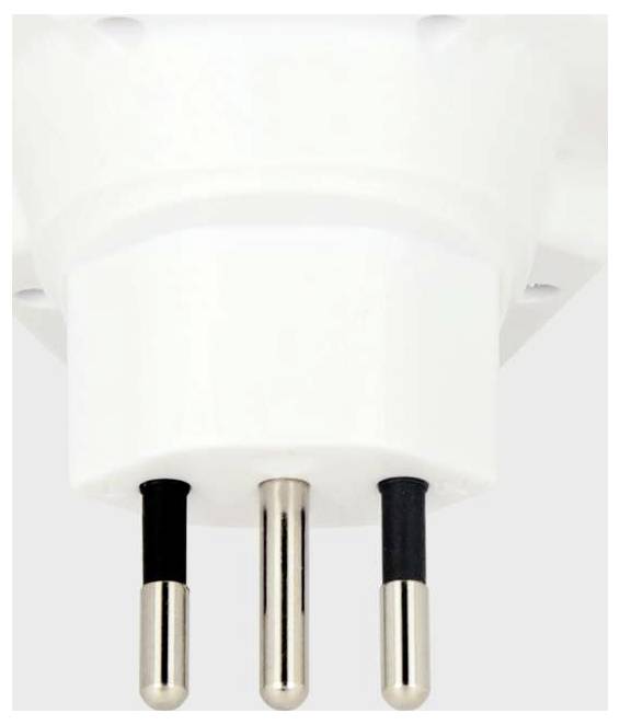 'A white Italian electrical plug with three round metal prongs protruding below, shown from a front angle against a plain background.'