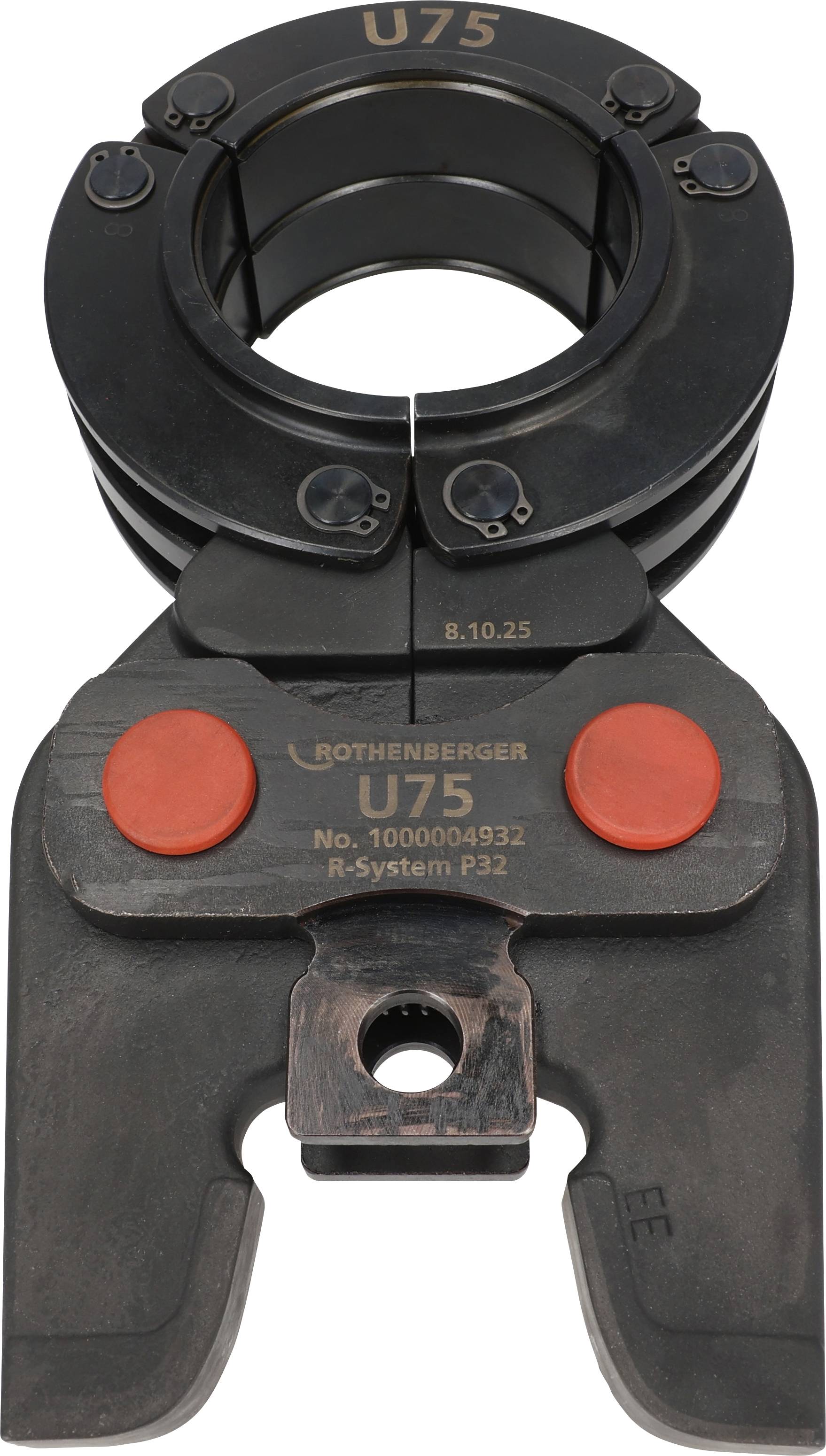 Clamp tool labeled 'U75', with red buttons, used by tradespeople for pipe fitting and compression tasks.