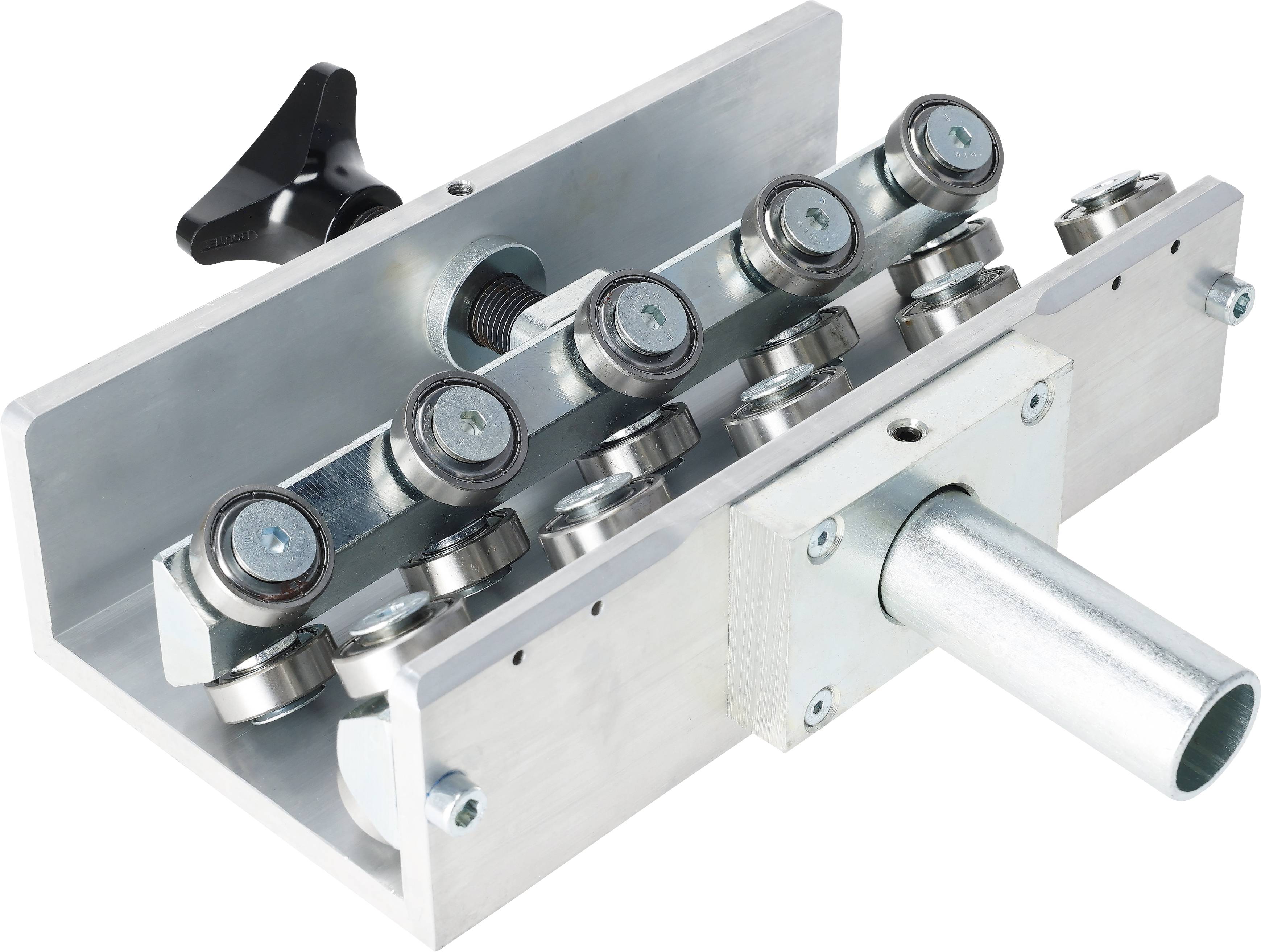 An industrial metal roller assembly with multiple wheels and a handle, used for guiding or supporting materials in processing equipment.