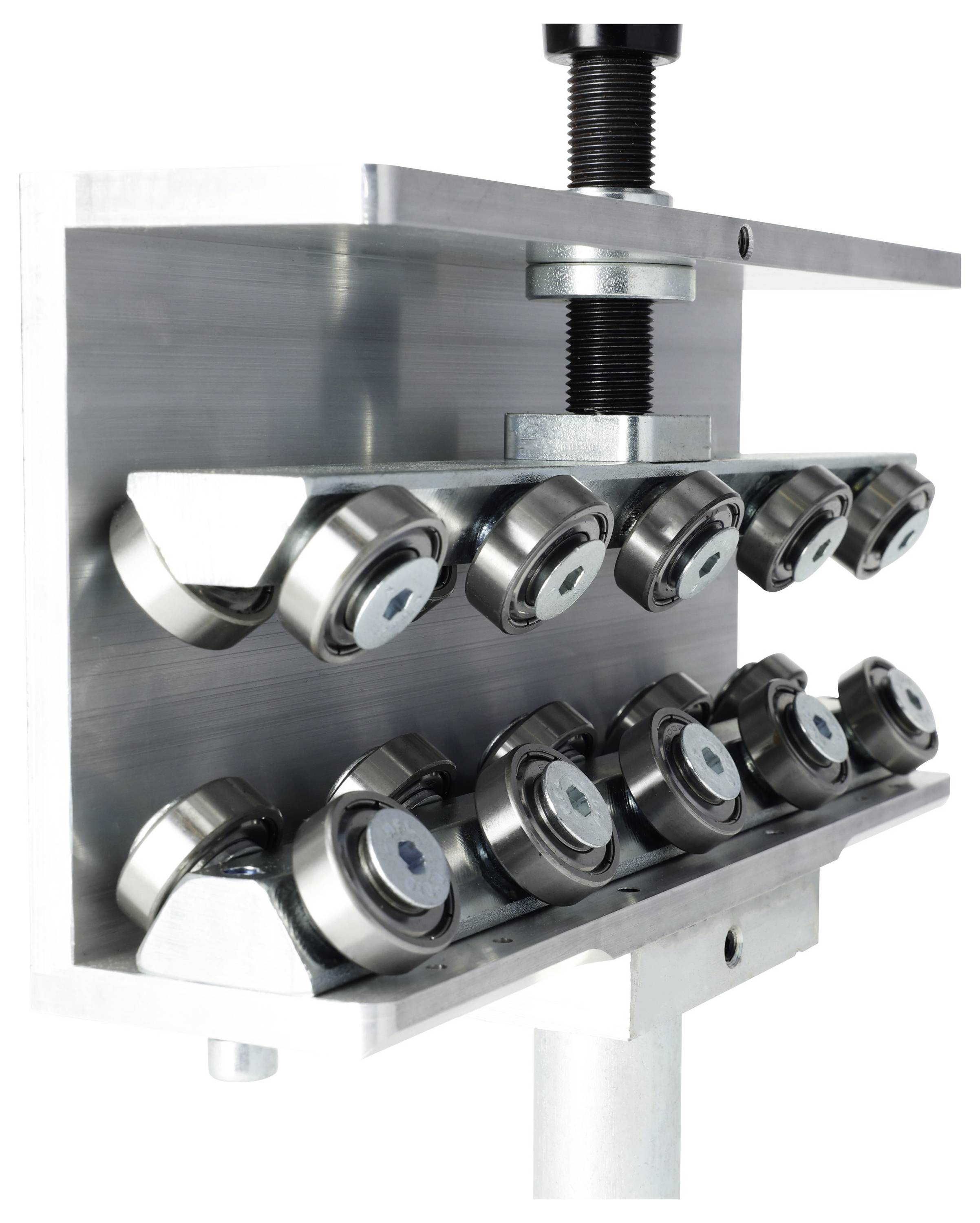 A metal assembly with multiple rotating wheels aligned on a horizontal bar, supported by a vertical rod, likely part of a mechanical system.