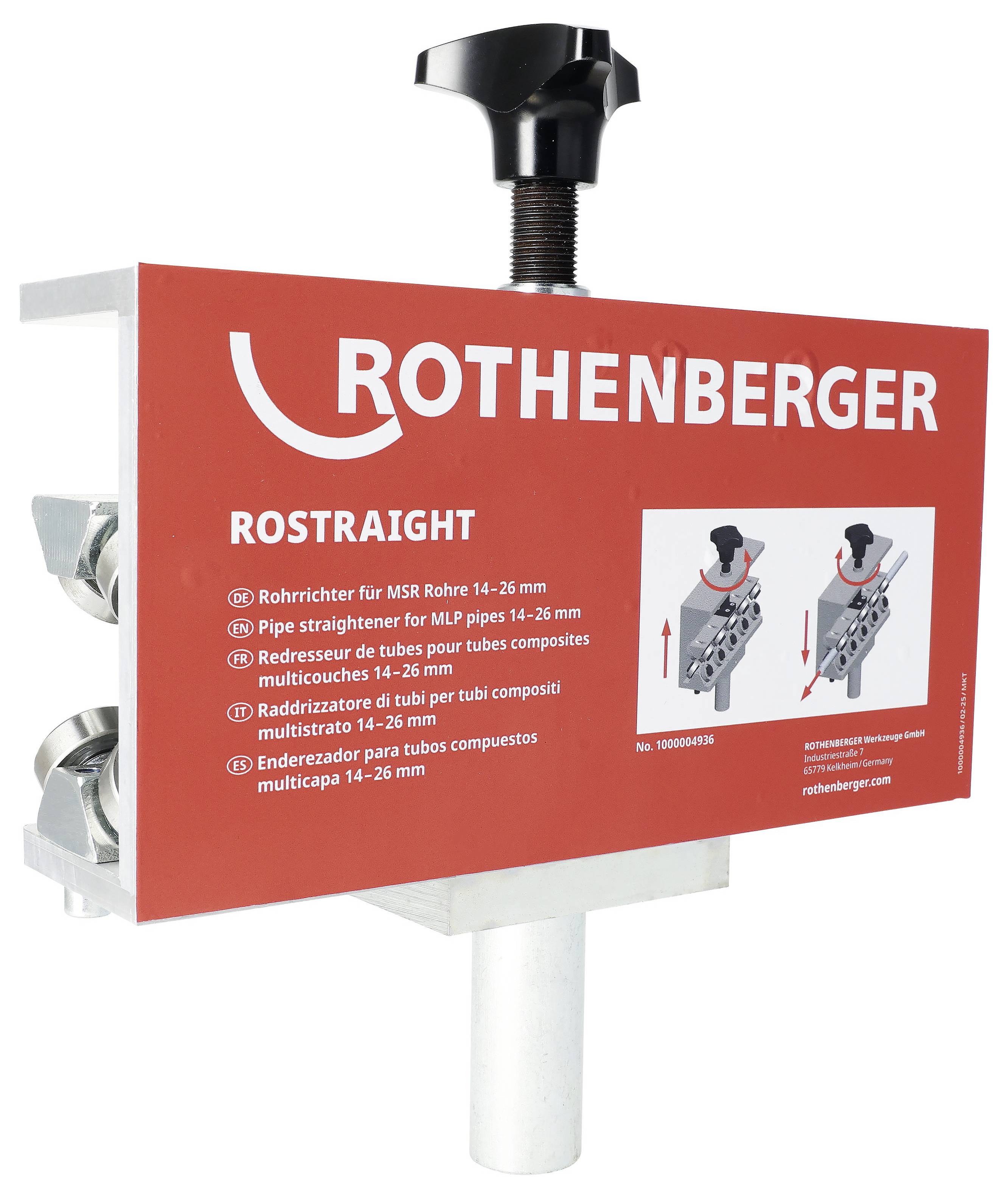 'Rothenberger Rostraight' pipe straightener tool for MSR and multicomposite pipes, 14-26 mm. Features include a black handle and rectangular red body.