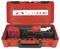 A red tool case open to reveal a power drill and accessories, with installation instructions on the lid interior.