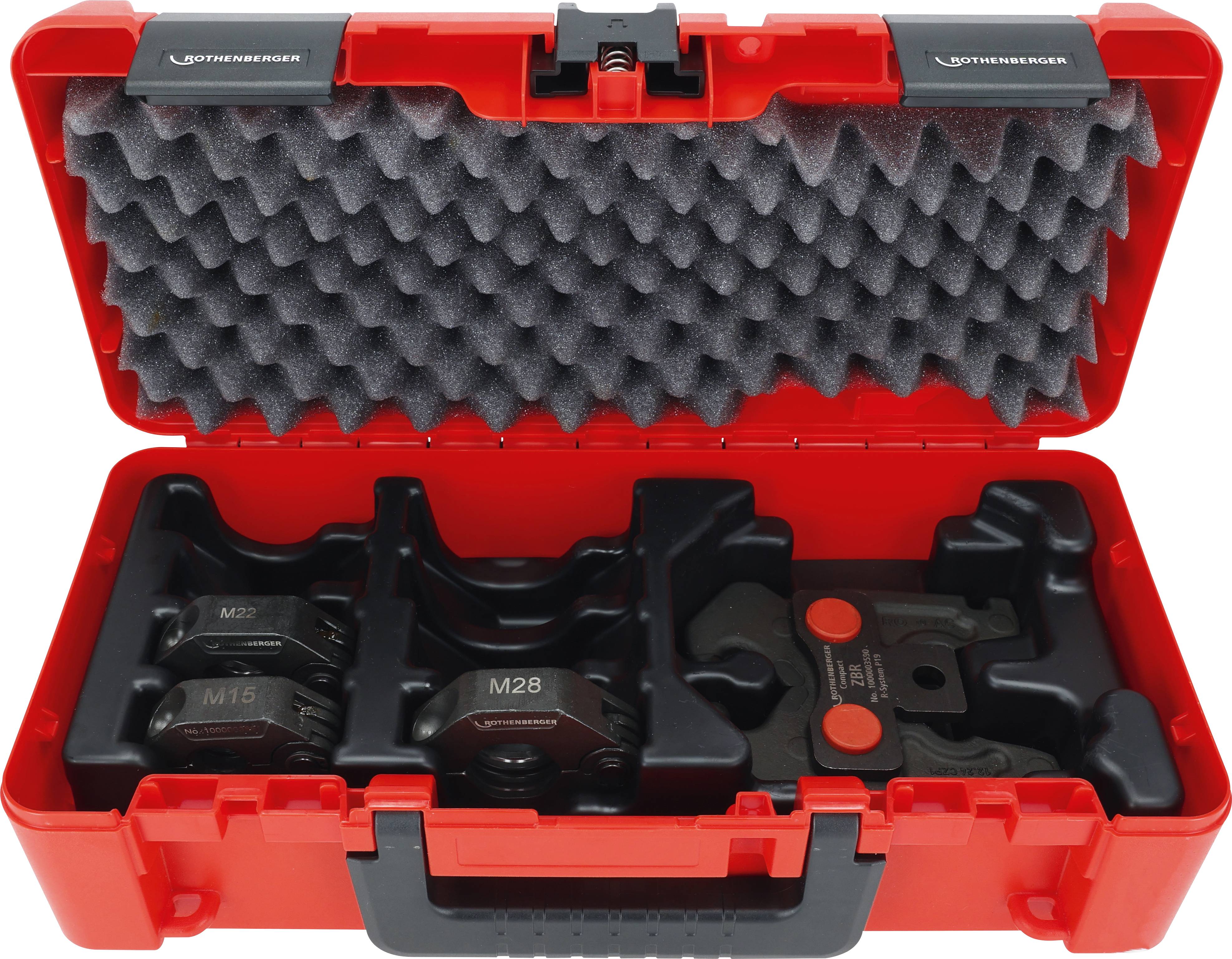 'Red plastic toolbox containing various branded mechanical parts arranged in foam padding, designed for pressing applications.'
