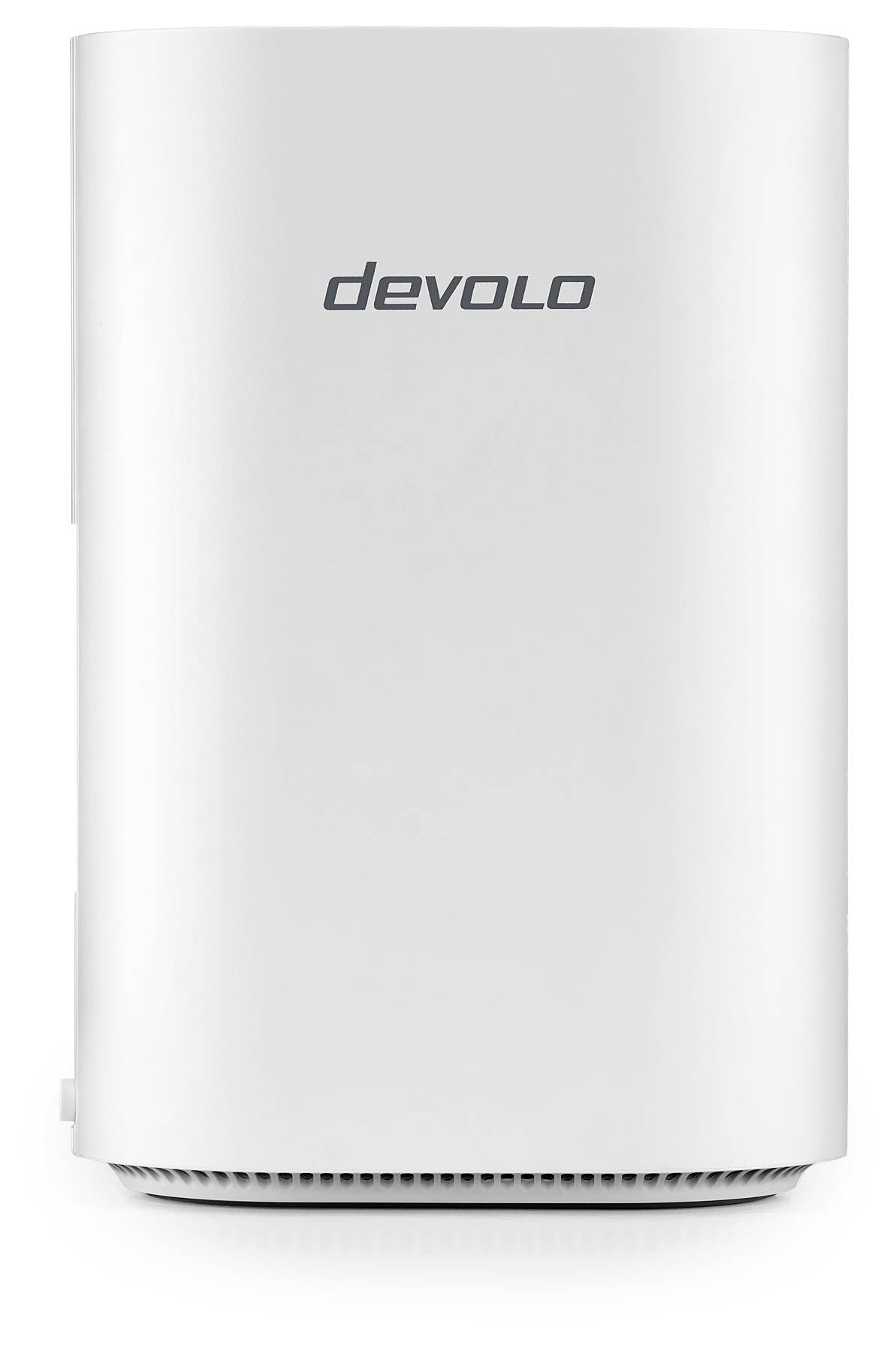 A white, rectangular device labeled 'devolo,' likely a powerline adapter or Wi-Fi extender, with minimalist design and subtle ventilation.
