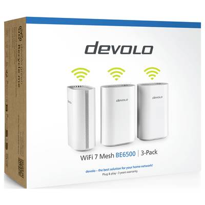 'Image of a Devolo WiFi 7 Mesh BE6500 3-Pack box, showcasing three white mesh units. Text highlights WiFi features and warranty.'
