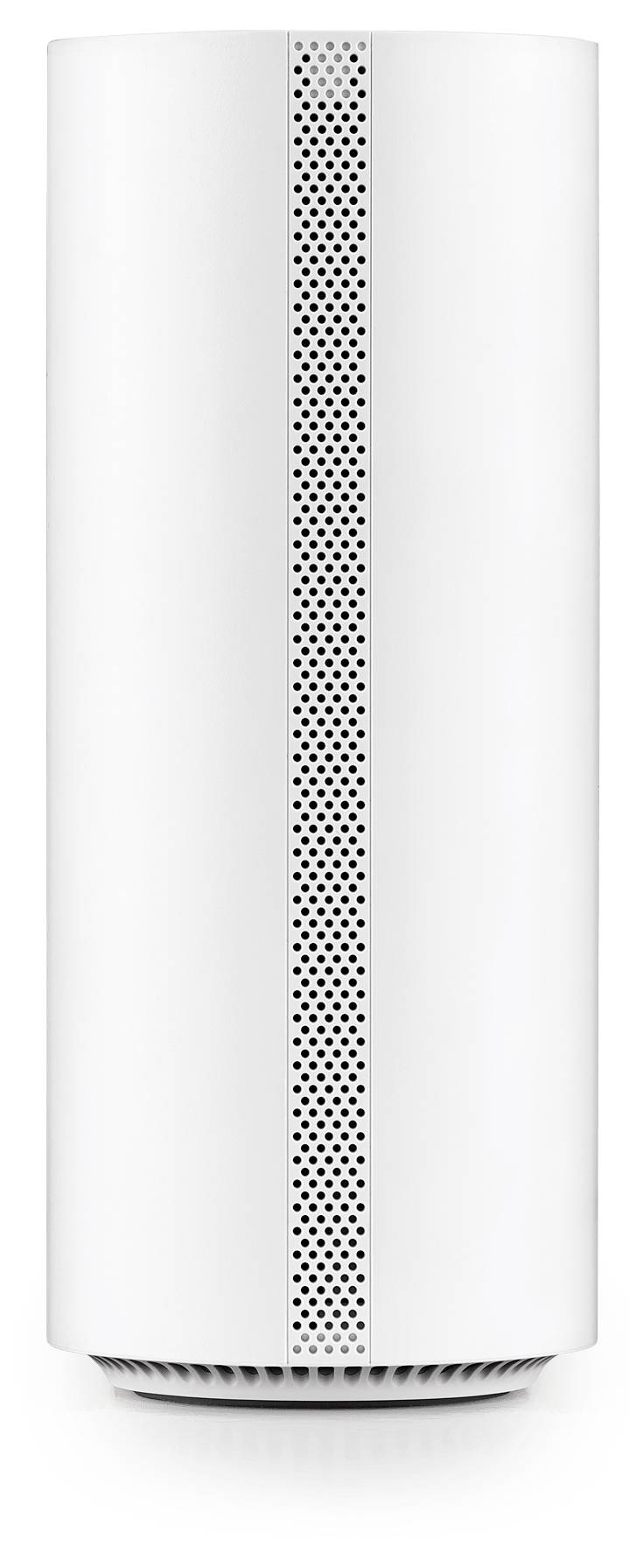A sleek, cylindrical white air purifier with a vertical vent design, standing upright.