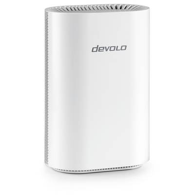 A white cylindrical Devolo WiFi repeater with ventilation slits, designed to extend wireless internet coverage in a home or office.