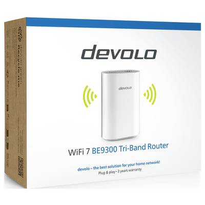 'Devolo WiFi 7 BE9300 Tri-Band Router' packaging displaying a white router with WiFi signal icons, highlighting its network capabilities.